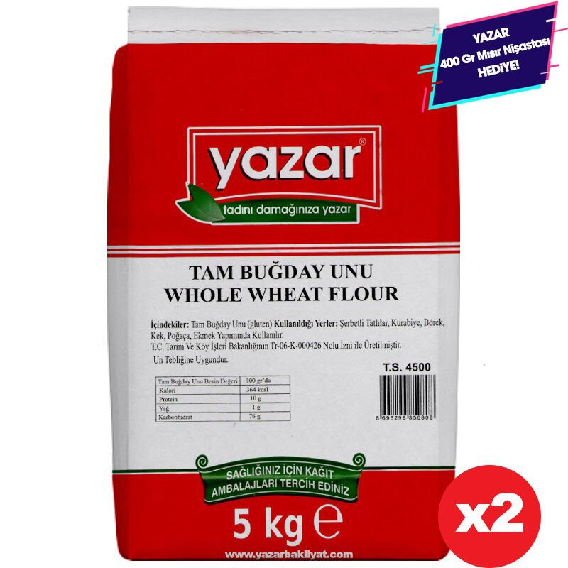 Yazar Taş Değirmende Öğütülmüş Tam Buğday Unu 5 Kg X 2 Paket