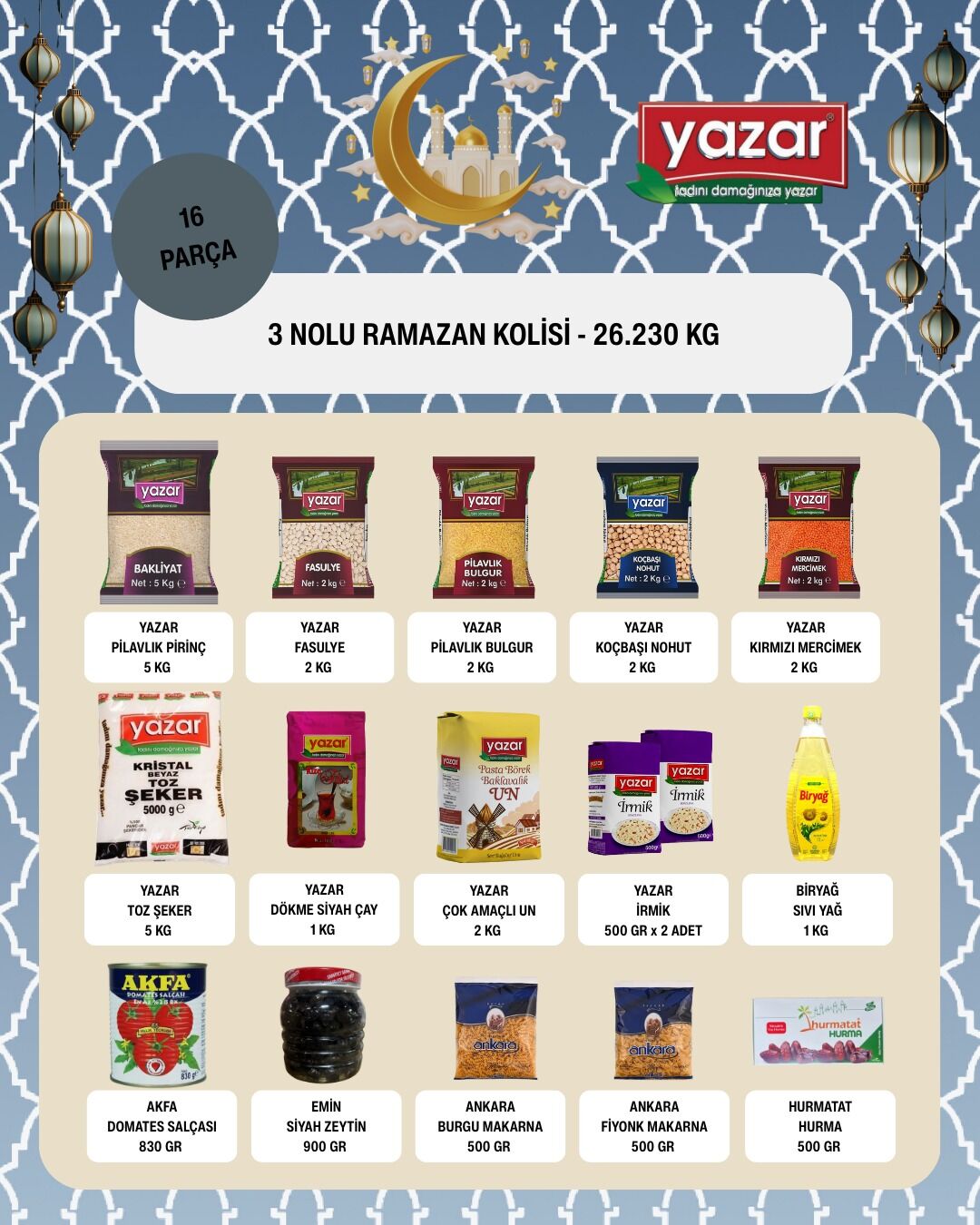 Yazar Ramazan Paketi (3) (Kolisi) 16 Parça 26,230 Kg