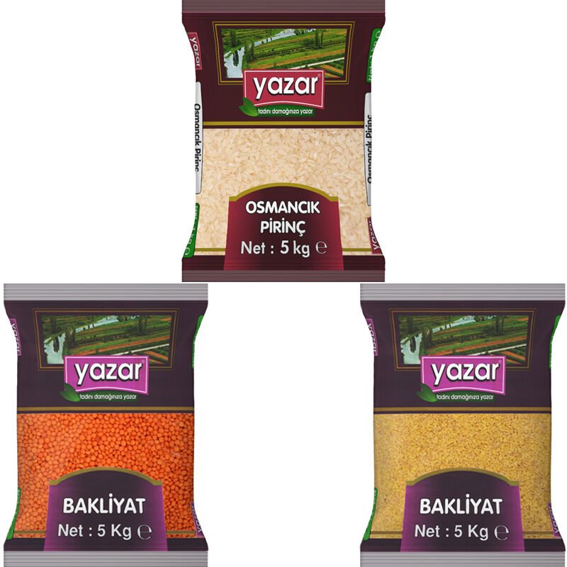 Yazar 5Kg Osmancık Pirinç+Kırmızı Mercimek+Pilavlık Bulgur= 15Kg Toplam