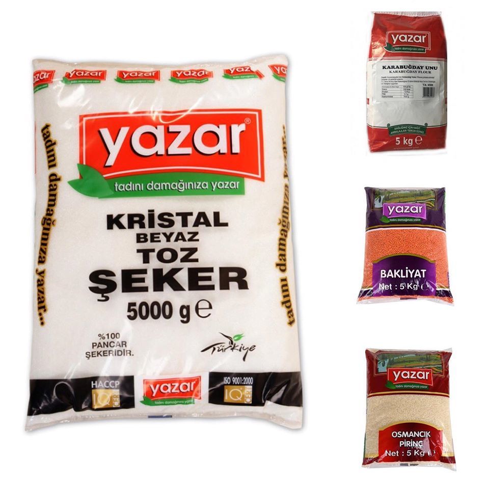 Yazar Kuru Gıda Seti 5Kg Toz Şeker+Karabuğday Unu+Kırmızı Mercimek+Osmancık Pirinç= 20Kg Toplam