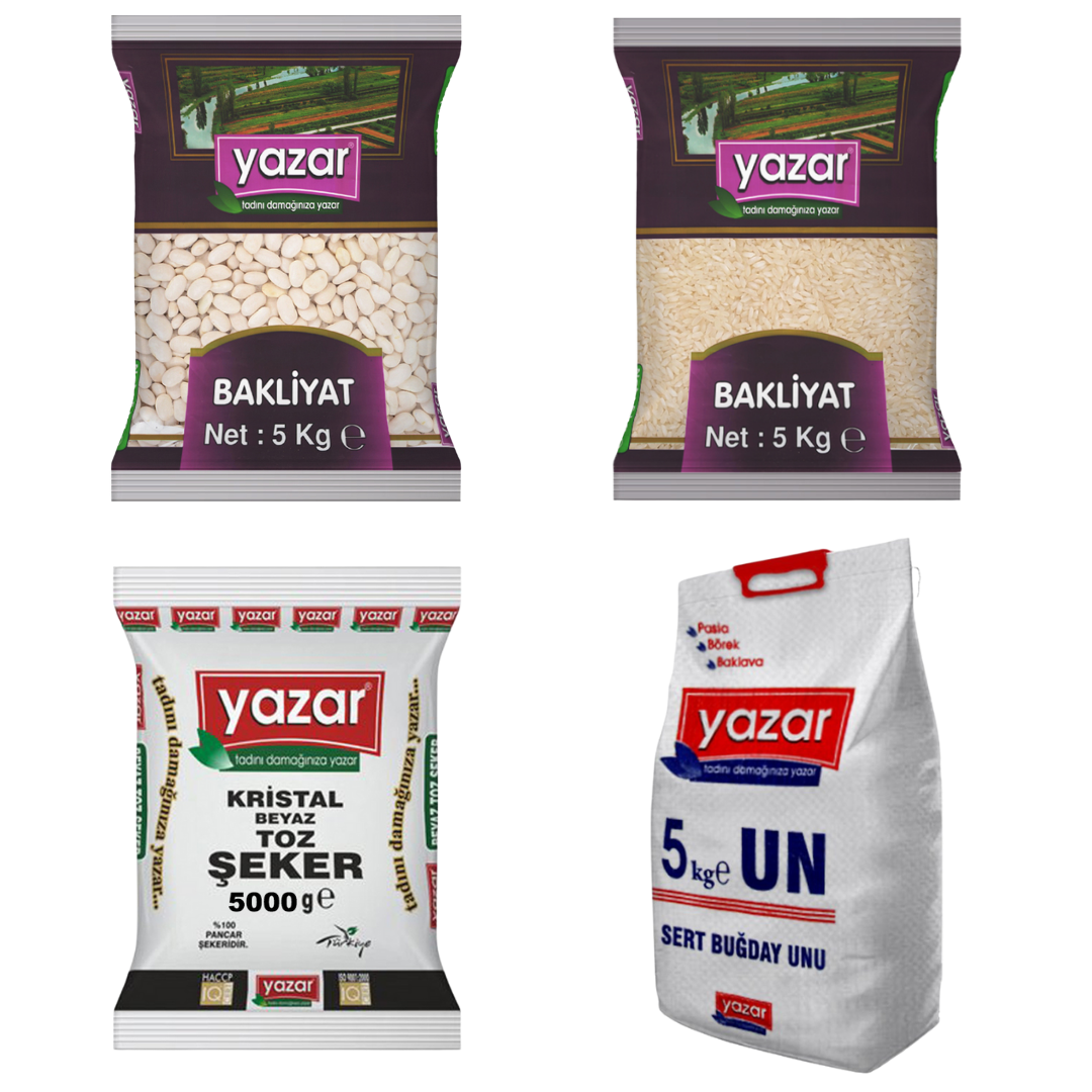 Yazar Kuru Gıda Seti 5kg Fasulye + 5kg Pilavlık Pirinç + 5kg Toz Şeker + 5kg Çok Amaçlı Un