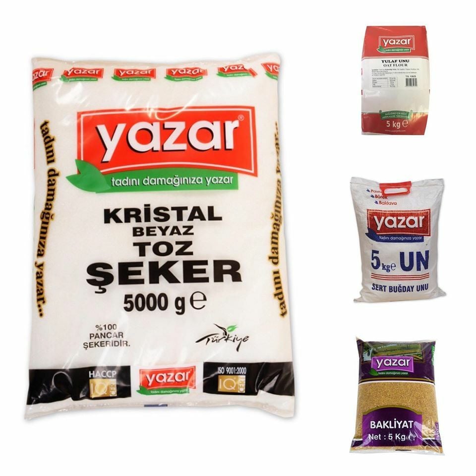 Yazar Kuru Gıda Seti 5KG Yulaf Unu + 5KG Pilavlık Bulgur + 5KG Çok Amaçlı Un + 5KG Toz Şeker=20KG