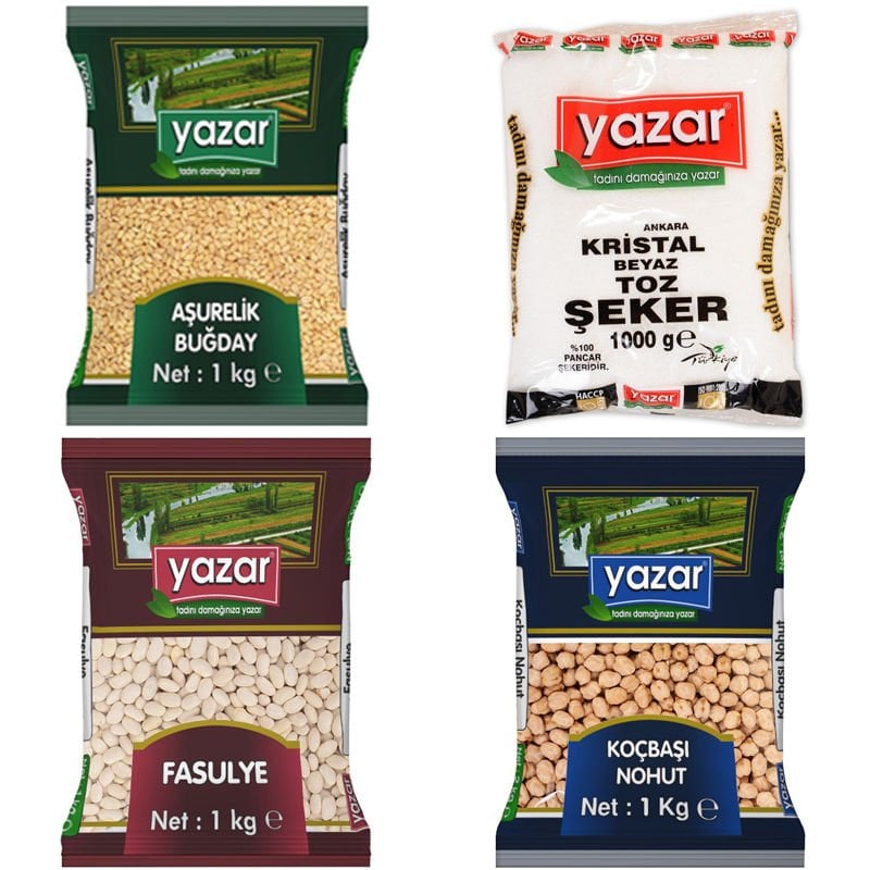 Yazar Kuru Gıda Seti 1Kg Fasulye+Toz Şeker+Nohut+Aşurelik Buğday=4Kg Toplam